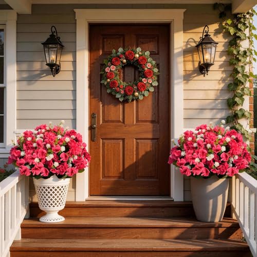Olatay 12 Bundles Mixed Color Artificial Flowers for Outdoor, Artificial Geraniums Flowers for Outdoor, UV-Resistant Fake Geraniums for Porch, Balcony, Garden, Indoor Decoration (Rose Red) - color: Rose Red