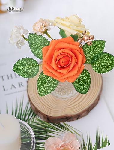 50pcs Artificial Flower，Real Touch Foam Roses w/Stem DIY for Wedding Bouquet Centerpieces Party Shower Home Decor-Yellow Orange - color: Yellow Orange