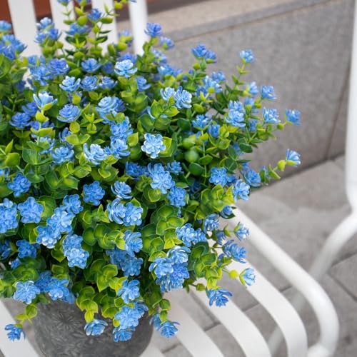 Artificial Flowers for Outdoors, 12 Bundles UV Resistant Artificial Outdoor Flowers, Not-Fading Plastic Fake Flowers for Outdoor Planters for Home Garden Porch Yard Decor, Blue - color: Blue