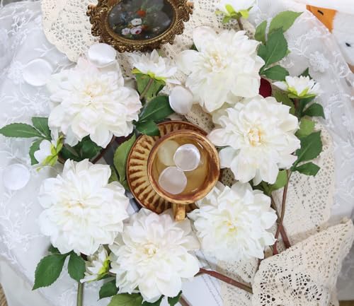 6pcs Large Faux Dahlia Artificial Flowers White Fake Silk Dahlia Flowers with Long Stem for DIY Wedding Party Floral Arrangements Home Tables Decoration（White - color: White