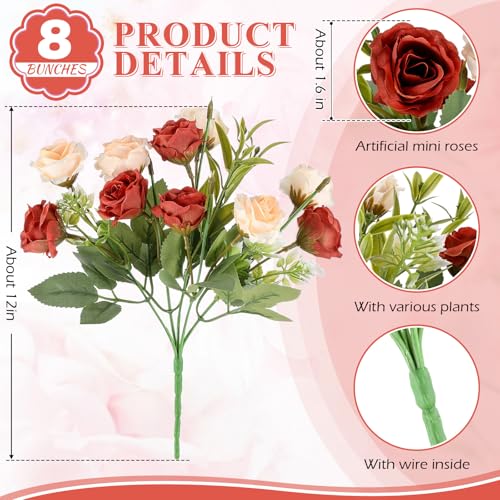 Zeyune 8 Pack Artificial Mini Burnt Orange and Champagne Roses 12 Inch Fake Flowers with Stems 80 Small 1.6 Inch Flower Heads Silk Mini Rose Bouquets for Wedding Bridal Bouquets Home Party Decor - color: Burnt Orange and Champagne