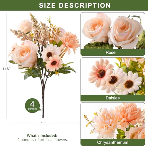 Artificial Fake Flowers for Spring Decoration, 4 Pcs Faux Silk Flower Arrangements Centerpiece for table with Chrysanthemum Rose Daisy Floral Bouquets Office Wedding Patio Porch Indoor Home Decor - color: Champagne Color