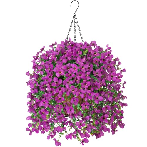INXUGAO Artificial Hanging Flowers Plants with Basket for Outdoors, Realistic Faux Silk Daisy Flower Eucalyptus for Spring Decor, UV Resistant Fake Plants for Porch Patio Yard Balcony, Purple - color: A-purple