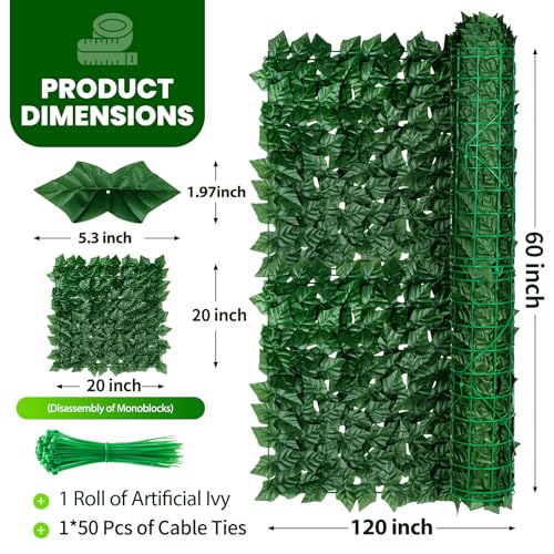KASZOO Artificial Ivy Privacy Fence Screen 120"×60" - UV-Anti Dense Faux Ivy Greenery Backdrop Fence Panels for Patio, Balcony, Garden, Backyard Indoor Outdoor Decor - size: 120*60inch