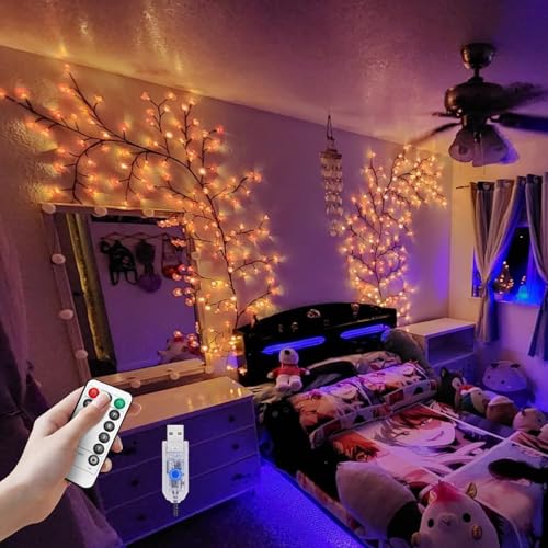 Cherry Blossom Lights,DIY Pink Cherry Blossom Wall Decor,5.25FT 72 LED Tree Branch Lights for Wall,Remote,Timer,8 Modes Willow Vine Light with Flowers for Bedroom Home Christmas Decorations,Gift - color: 5.25FT