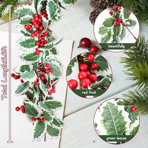MAKHOT 6Ft Eucalyptus Garland, Green Leaves Wreath Vines Garlands Decorations, Artificial Red Berry Garland for Fireplace Gate Mantle Table Home Party Decor（1PCS）