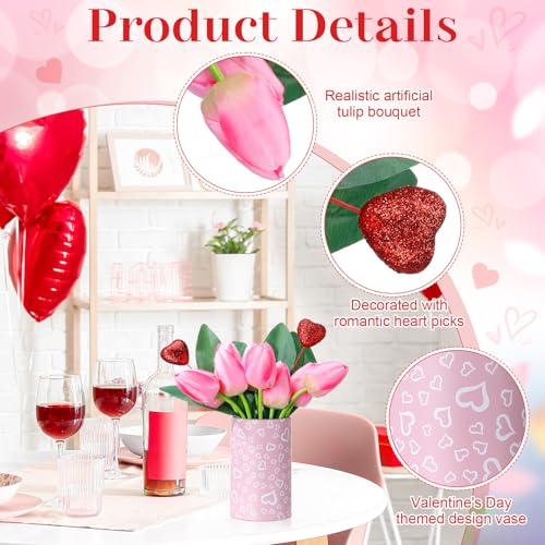 Suncalla 3 Set Mother's Day Table Centerpieces Vintage Artificial Tulips Flower Bouquet with Paper Bucket & Glitter Foam Heart Picks for Wedding Dining Room Tiered Tray Party Decor