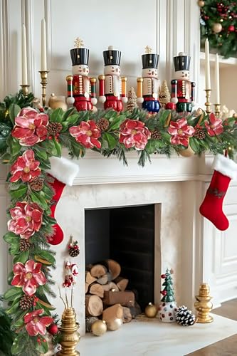 Briful 5FT Christmas Magnolia Flower Garland with Pine Cones Berries Artificial Silk Floral Vine Faux Flower Garland for Xmas Backdrop Table Wall Wedding Party Home Decor - color: Magnolia Galand