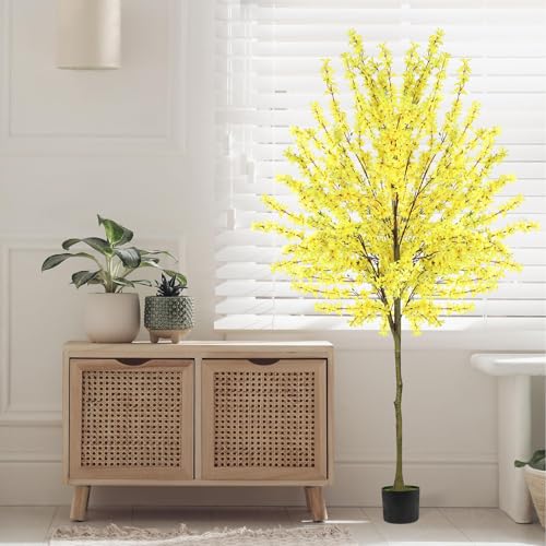 4FT Yellow Artificial Forsythia Tree, Faux Spring Forsythia Flower Branches Plant with Pot, Lifelike Fake Tree for Living Room Corner, Entryway, Porch Indoor Outdoor Decor - size: 4ft