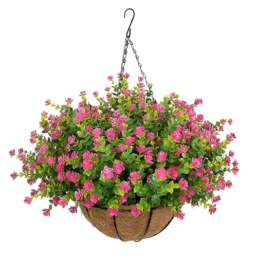 NETAP Artificial Hanging Flowers Basket for Outdoor, 16 Fake Flowers Look Real UV Resistant, Faux Hanging Plants for Porch, Balcony, Patio, Garden, Spring Summer Decor,Pink - color: Pink