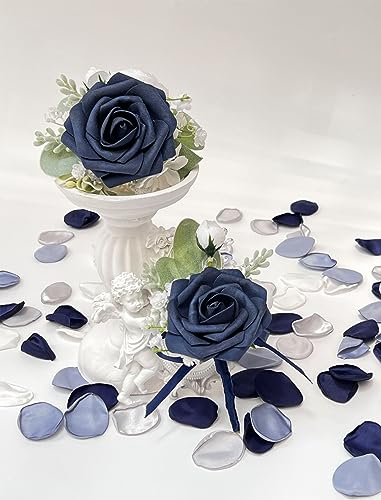 CherishedMoments Corsage and Boutonniere Set, Dark Blue Rose Handmade Artificial Flower Wrist Corsage and Groom Boutonniere for Seaside Wedding,Bridesmaid Hand Flower,Prom Suit Decorations - color: Dark Navy Blue