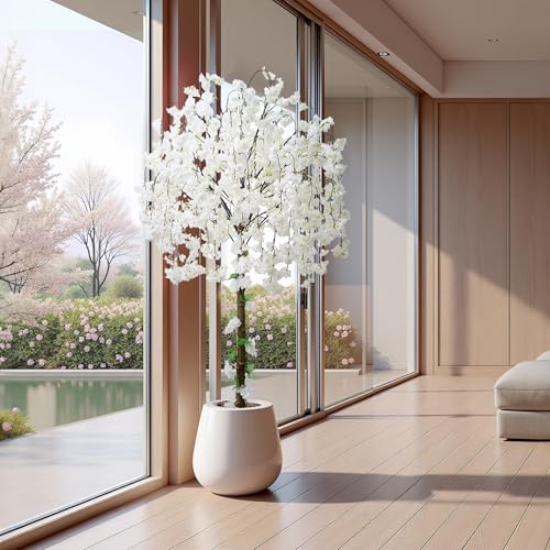 Artificial Cherry Blossom Tree, 6FT Height with 100 LED Lights, Faux Silk Plant in Pot for Home, Office, Wedding, Garden, Party, and Hotel Decorations (White, 6FT) - color: 6ft White Cherry