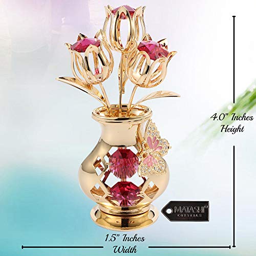 Matashi Crystal Studded 24K Gold Plated Tulip Bouquet in Butterfly Vase – Unique Crystal Flower Figurine for Women, Anniversary, Birthday, and Home Decor Centerpiece - color: Gold,red