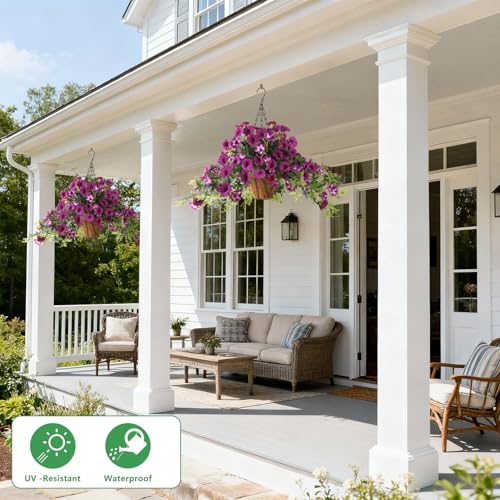 Artificial Fake Flowers Hanging Plants for Outdoor Spring Summer Decoration, 2Pcs Faux Petunias Realistic Silk Flower UV Resistant No Fade for Home Outside Garden Balcony Yard Porch Indoor (Fuchsia) - color: Fuchsia