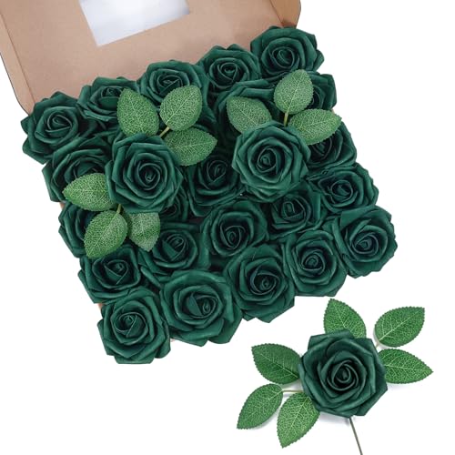 DuHouse 50Pcs Artificial Roses Flowers Fake Roses with Stems Real Touch Foam Flowers for DIY Wedding Bouquet Party Centerpiece Floral Arrangement Party Home Decor(Hunt Green) - color: Hunt Green, size: 50pcs