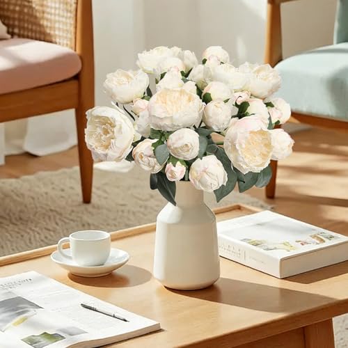 Silk Flower Peony Bouquets - 2 Pack Artificial Peonies with Stems Vintage Look Real Peonies Flowers for DIY Crafts Flower Arrangements Wedding Centerpiece Table Decor - Champagne