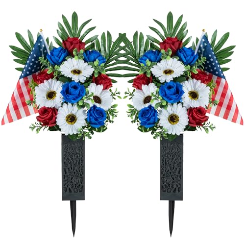 Memorial Day Flowers for Cemetery: 2 Pcs 4th of July Outdoor Grave 250th Anniversary USA Decorations - Fathers Day Cemetery Flowers for Grave Vase - Patriotic Artificial Red White Blue Roses - color: Red & White & Blue