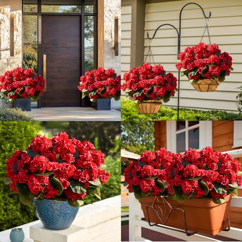 Waipfaru 6 Pcs Artificial Fake Flowers for Outdoors, UV Resistant Outdoor Artificial Plants, Silk Geraniums Red Spring Flower for Garden Porch Planter Patio Balcony Yard Home Decoration (6, Red) - color: Red, size: 6 PCS
