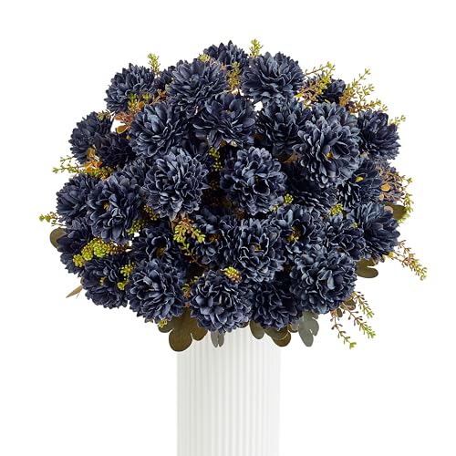 18 Heads Blue Black Artificial Chrysanthemum Flowers Fake Mums Blue Black Kiku Gothic Flowers Bouquet Silk Chrysanthemums for Indoor Outdoor Table Centerpiece Vase Pots Decoration, 2 Pcs - color: Blue Black Chrysanthemum
