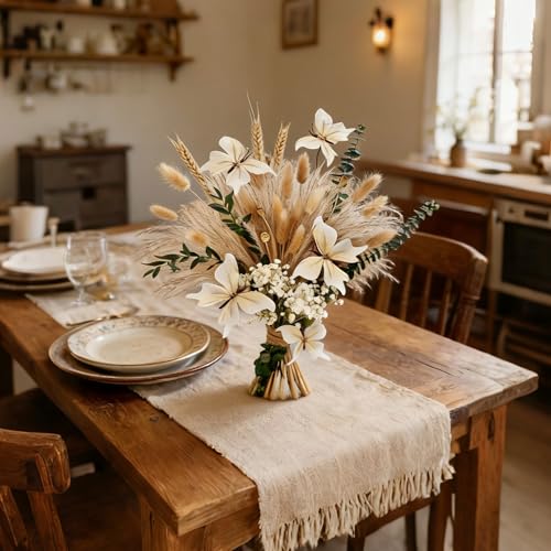 Pampas Grass Dried Flower Bouquet for Boho Home Decor | Eucalyptus, Butterflies & Bunny Tails Arrangements for Vase, Moody Office,Bedroom Table Centerpiece Décor - color: Natural