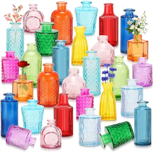 Yaomiao 30 Pcs Vases Bulk Colored Flower Glass Bud Vases Valentine Vintage Colored Glass Bottles Colorful Rustic Embossed for Home Wedding Table Decorations Gifts(Bright Color) - color: Bright Color