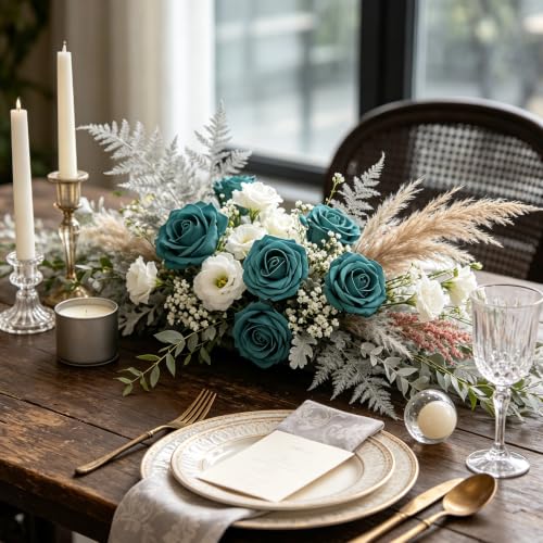 Artificial Flowers, 25pcs Artificial Rose for DIY Wedding Bouquets Centerpieces Arrangements, Dark Teal Fake Rose with Stems for Birthday Bridal Shower Graduation Events Decoration - color: Dark Teal, size: 25pcs