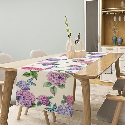 Hydrangea Table Runner, Spring Summer Watercolor Purple Floral Seasonal Country Farmhouse Coffee Table Center Decor for Home Kitchen Dining Patio Holiday Party Table Decorations 13x36 inches - color: Tr-flower08, size: 13x36" Table Runner