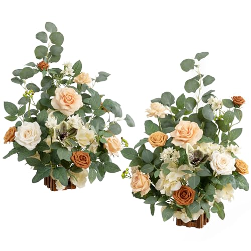 Ling's moment 17.5" Tall Standing Artificial Flowers Arrangements 2 pcs Wedding Aisle Runner Chair Decorations Apricot & Soft Peach Centerpieces for Ceremony Reception Rose Floral Party Outdoor - color: Apricot & Soft Peach