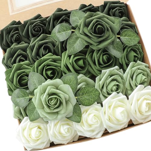 Floroom Artificial Flowers 25pcs Real Looking Forest Green Ombre Colors Foam Fake Roses with Stems for DIY Wedding Bouquets Bridal Shower Centerpieces Sage Green Floral Arrangements Decorations - color: Shades of Forest