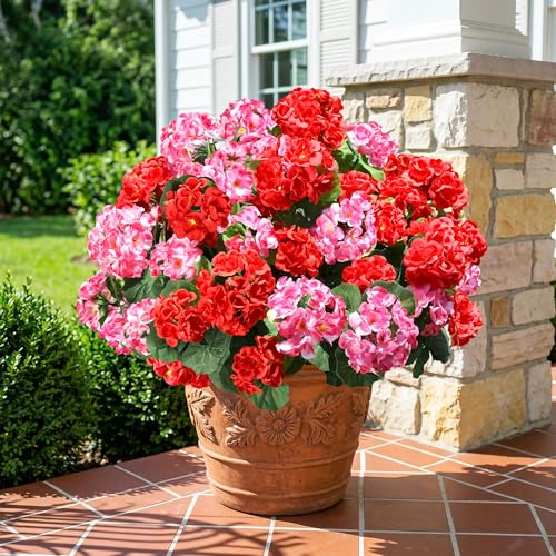 Fake Geraniums Artificial Flowers for Outdoors, 6 Bundles Silk Geraniums Flowers Realistic UV Resistant Fake Plants Faux Flowers for Outside Planters Front Door Garden Balcony Yard Porch Indoor, Mix - color: 3 Red, 3 Pink