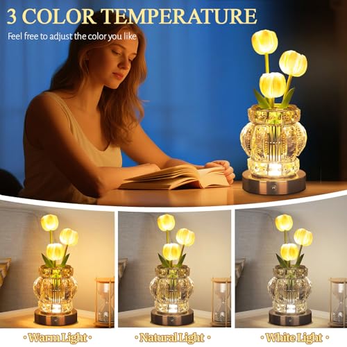 Tulip Table Lamp, Rechargeable Cordless Touch Dimming Artificial Tulip Flower Desk Lamp, LED Crystal Lamp Flower Bedside Night Light, Romantic Gifts for Girl Women Mom (White - Tulip) - color: White - Tulip