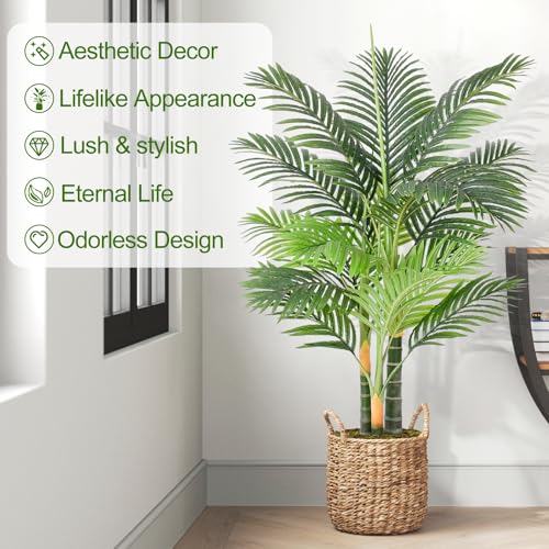 4ft Tall Triple Golden Cane Palm Artificial Tree Large Tropical Palm Tree UV Resistant Fake Plant in Pot for Indoor Outdoor Big House Living Room Outside Patio Office Home Decor 1Pack - size: 4ft