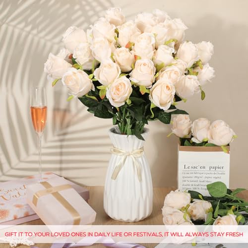 Jexine 50 Pcs Artificial Rose Flower Bulk Realistic Silk Fake Roses with Long Stem Plastic Artificial Flower Bouquet Real Looking for Home Wedding Centerpieces Party Decoration(Beige Champagne) - color: Beige Champagne