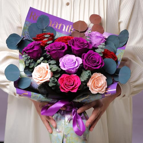 Lovenfold Flowers for Delivery Birthday Flowers Gift for Her,Preserved Flowers Bouquet 12 Roses Mixed Bouquet,Rose Gifts for Women Mom Grandma(Mixed 12 Purple-A Roses) - color: Mixed purple