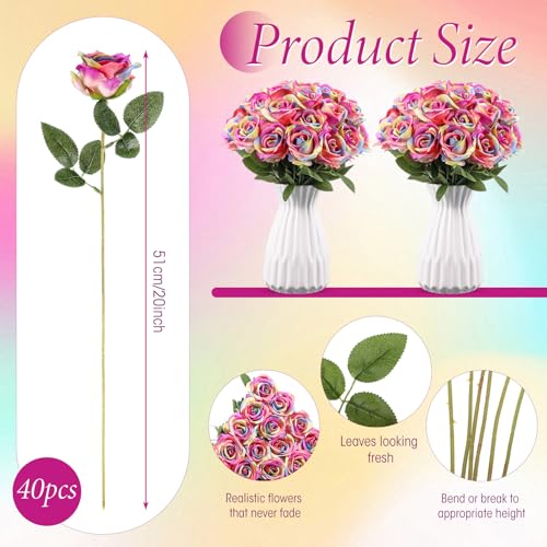 Hotop 40 Pcs Rose Artificial Flowers Bulk with Long Stem,Realistic Silk Fake Roses Bouquet for Home Wedding Centerpieces Party Table Decoration Valentines Gifts(Rainbow Color) - color: Rainbow Color