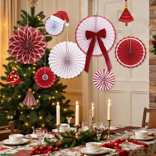 Christmas Paper Fan Decorations Christmas Decorations Classroom Red Hanging Paper Fans 10PCS with Santa Hat Gold Stars for Xmas Winter New Year Wall Ceiling Party Holiday - color: Interest for Christmas