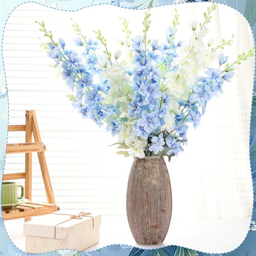 10 Pcs Delphinium Artificial Flowers for Decoration, 33.86 Inch Long Stem Larkspur Fake Flowers Light Blue Faux Silk Bouquets for Tall Vase Wedding Home Decor Floral Arrangements(White+Blue) - color: White+light Blue, size: 33.86 inch
