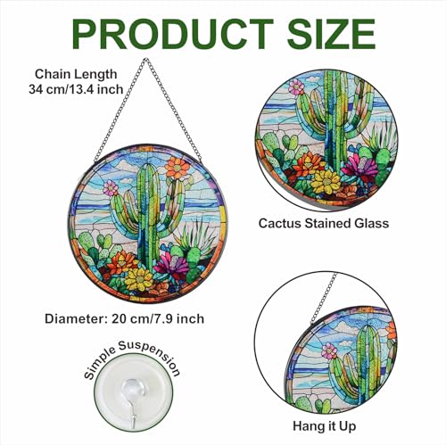 Cactus Suncatcher Decor, Cactus Stained Glass Window Art Beach Decor Sea Glass Hanging - 7.9" Outdoor/Indoor Art Decor for Home Garden