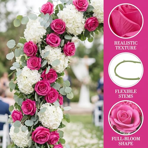 52pcs Hot Pink Roses Artificial Flowers Fake Flowers Silk Roses with Stems for DIY Wedding Bouquets Bridal Shower Table Centerpieces Arrangements Party Home Decorations - color: Hot Pink