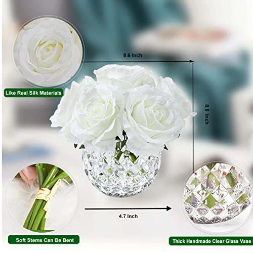 7 Large Stem Rose Artificial Flowers in Vase, Silk Flowers Arrangement in Round Glass Vase Without Water for Home Decor, Wedding Table (Cream) - color: White W/O Water