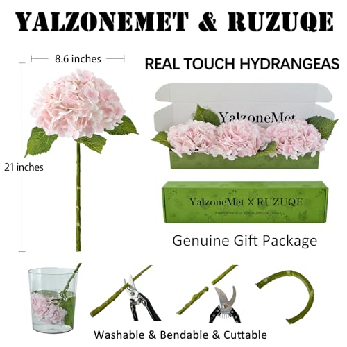 YalzoneMet 3 Pcs Real Touch Pink Hydrangea Artificial Flowers 21 inch Large Lifelike Light Latex Faux Hydrangea, Fake Flowers for Home Decoration Bridal Bouquet Wedding Decor - color: Pink