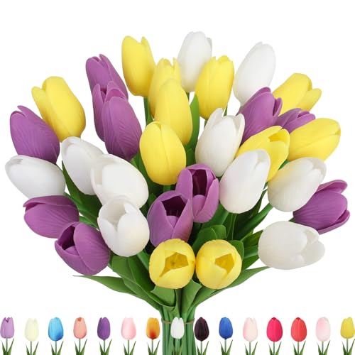 Artificial Tulips Flowers Fake Latex Tulip Stems - 56pcs Real Touch Faux Multicolor Tulips Flower for Spring Wedding Bouquet Centerpiece Floral Arrangement Cemetery Table Decor - color: White,yellow,purple 01