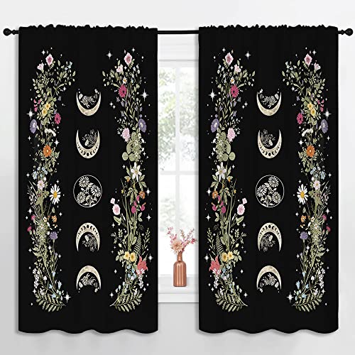 Boho Floral Wildflower Rod Pocket Blackout Curtains for Teen Bedroom,Retro Moon Phase Moonlit Garden Witchy Gothic Aesthetic Energy Efficient Home Window Drapes for Living Room Noise Reducing,55x63in - color: Boho Floral Wildflower-004, size: 55"W x 63"L