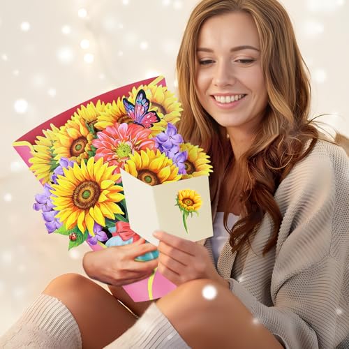 Airpark Pop Up Flower Bouquet Card for Women, 3D Floral Greeting Card with Envelope and Note, Birthday Thank You Thinking of You Get Well Gift for Mom Friend Wife Teacher, Sunflower - style: Sunflowers
