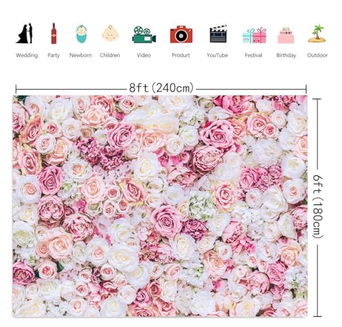 8x6ft Rose Floral Wall Backdrop Pink Rose Flowers Background Tea Party Backdrops Wedding Birthday Bridal Shower Valentine's Day Mother's Day Party Decoration Banner Studio Props - size: 8x6ft
