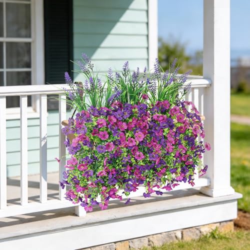 Artificial Fake Hanging Flowers Plants for Outdoor Outside Decoration, Faux Silk Daisy Flower Realistic UV Resistant for Front Porch Patio Balcony Garden Yard Indoor Planter Home Decor(Purple) - color: Mixed 1