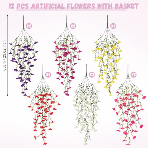 INXUGAO Artificial Flowers with Hanging Basket, Outdoor Faux Plants Silk Morning Glory Vines, Fake Petunias for Garden Patio Spring Summer Decor, 12 pcs Mixed Color - color: Mix Color