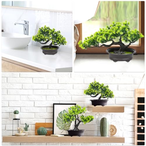Artificial Bonsai Tree Fake Plants 3 POTS Artificial Plant Indoor Small Faux Juniper Decoration, Office Desk Shelf Bedroom Living Room Decor