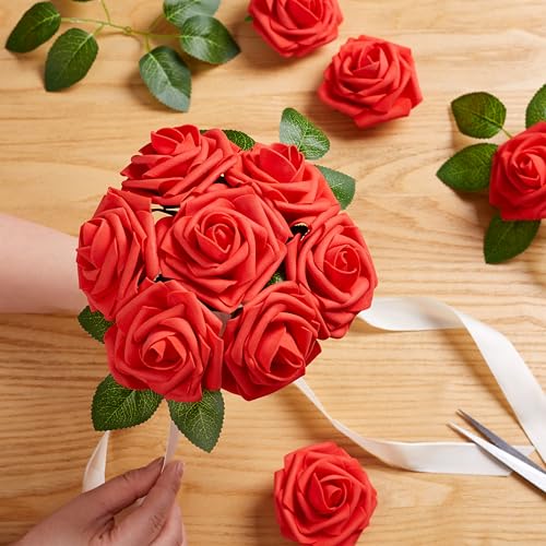 16 Pcs Fake Red Roses Artificial Flowers | Red Foam Roses with Stems, Artificial Flowers for DIY Wedding Bouquets, Centerpieces, Party, Home Decor - color: Red Flowers