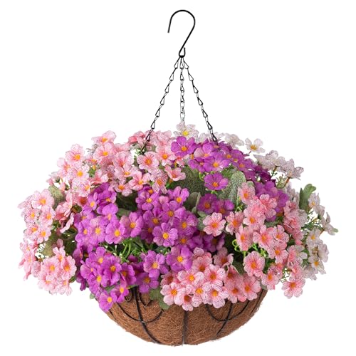 Artificial Fake Hanging Plants Flowers Basket for Spring Outdoor Decoration, Faux Silk Daisy UV Resistant Look Real with Eucalyptus Leaves Summer Decor for Patio Garden Outside(Pink White Purple ) - color: Pink White Purpl